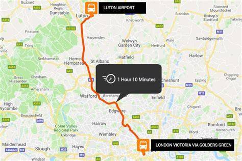 Luton airport to Victoria coach route map (infographic)
