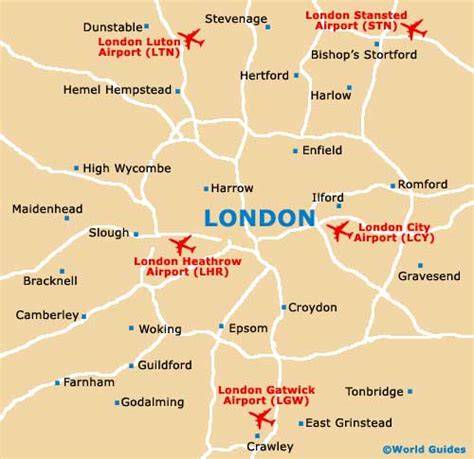 mapa: London City, Gatwick, Luton, Stansted oro uostai