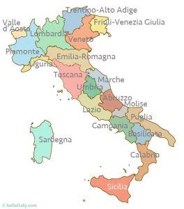 Italijos regionų žemėlapis su žymėjimais