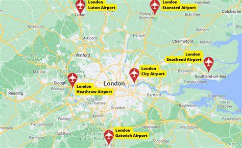 infographic or map of London's six airports and distances