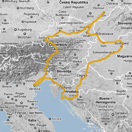 žemėlapis vedantis per Austriją (Alpės ir Dunojus)