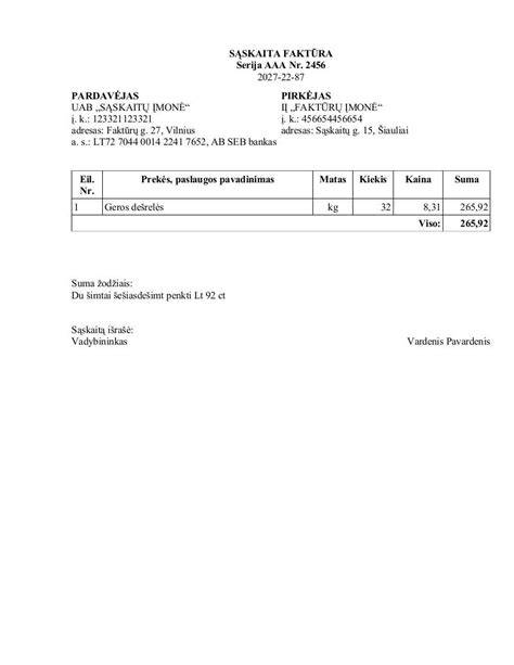 praktinis pavyzdys - sąskaitos eilutė